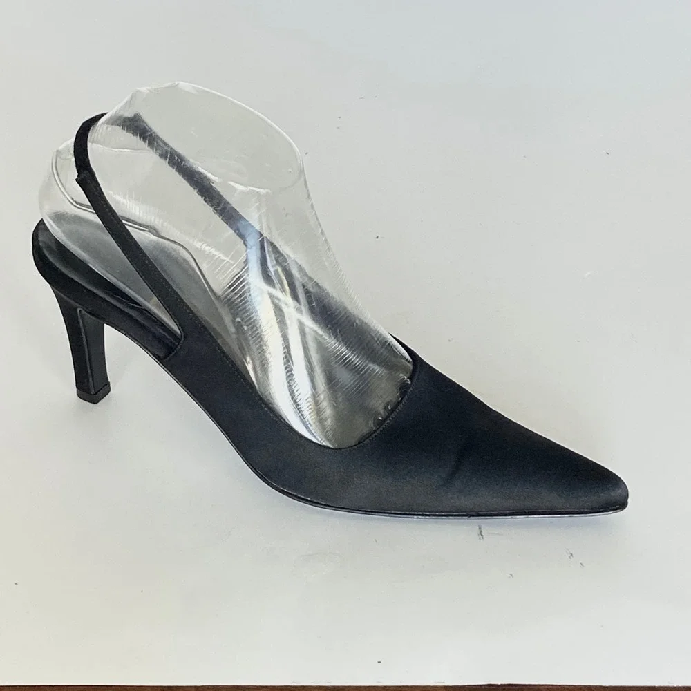 Cole Haan Evening Black Satin Slingback Pumps Pointed Toe Stiletto Heels 7.5 AA